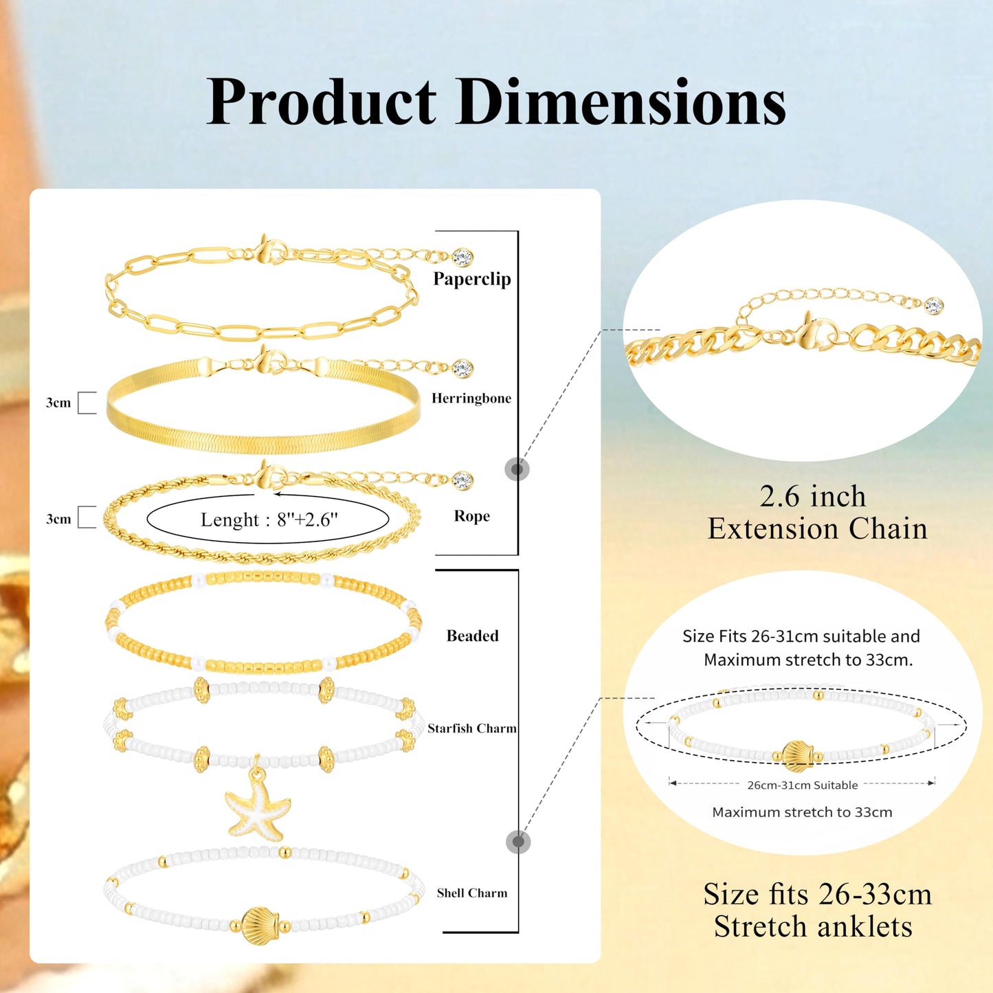 FAXHION Gold Ankle Bracelets for Women Waterproof, Starfish Bead Cuban Link Chain Adjustable Anklets Set, Hawaiian Boho Anklet Beach Waterproof Jewelry Gift for Women