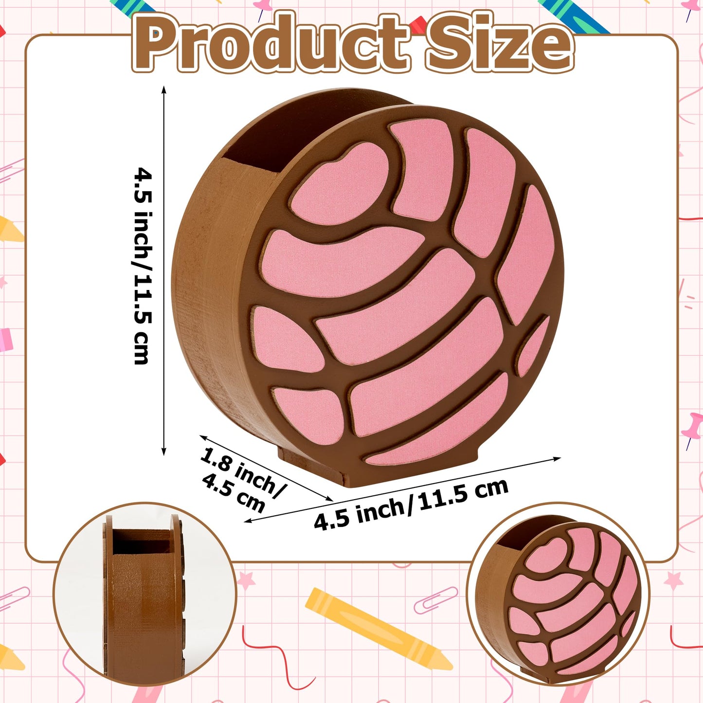 MALLMALL6 Mexico Concha Pencil Holder - 3D Mexican Bread Pink Wooden Pen Holder, Back to School Funny Caddy Case Gift for Kids, Desktop Storage Organizer for Classroom Teacher Office Makeup Brush