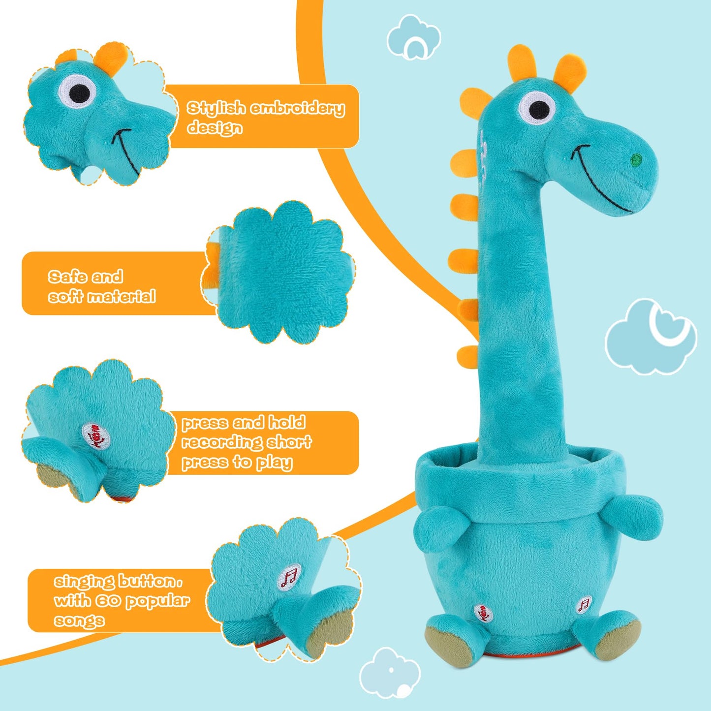LLUKEME Dancing Talking Giraffe Toy, Stuffed Animal Baby Toy Repeating What You Say, Glowing Musical Electronic Giraffe Gifts for Toddlers 1-3 Years Old (Dancing Dinosaur)