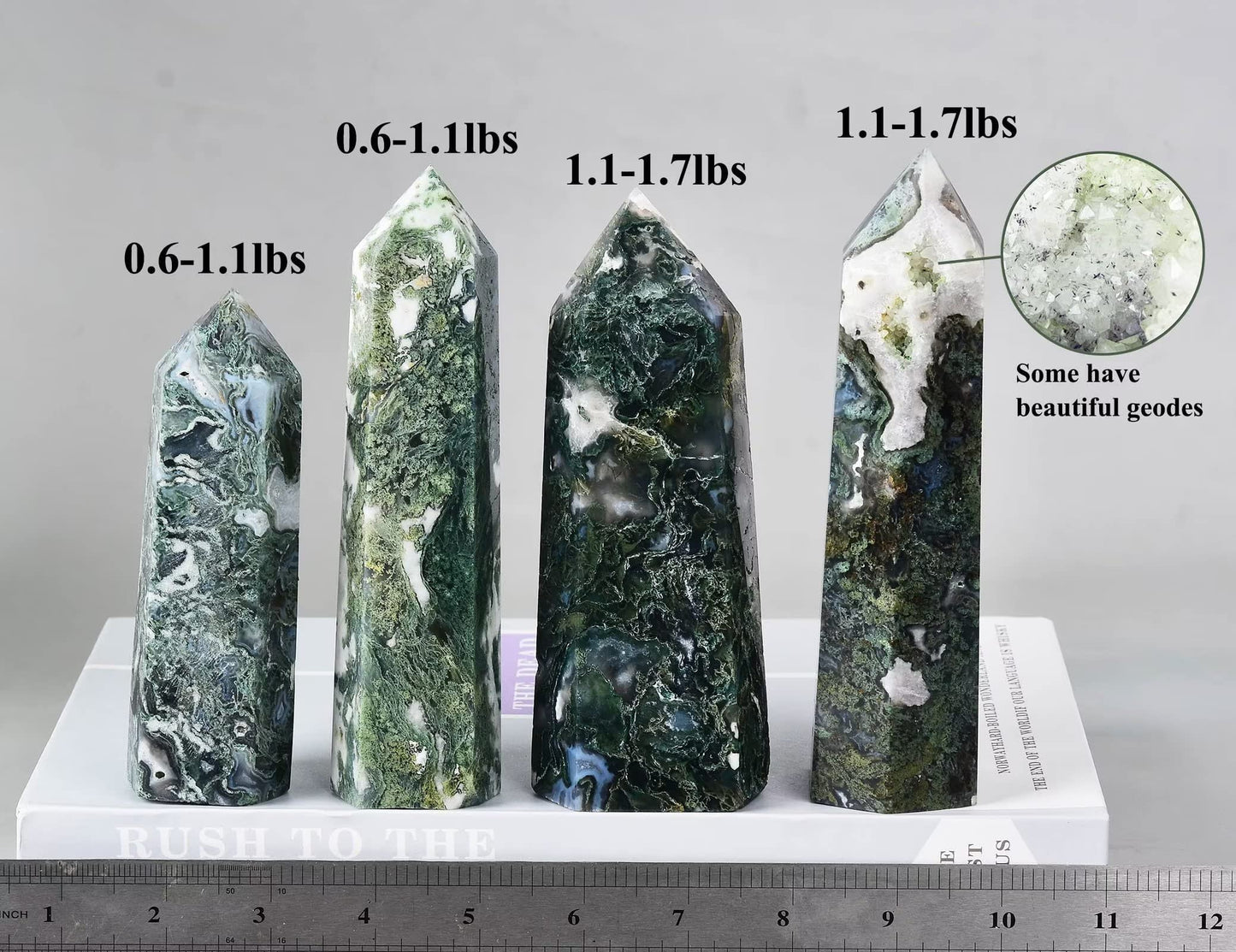 AMOYSTONE Large Healing Crystal Obelisk Towers Moss Agate Point Wand Home Decor Reiki Healing 1.1-1.7 LBS