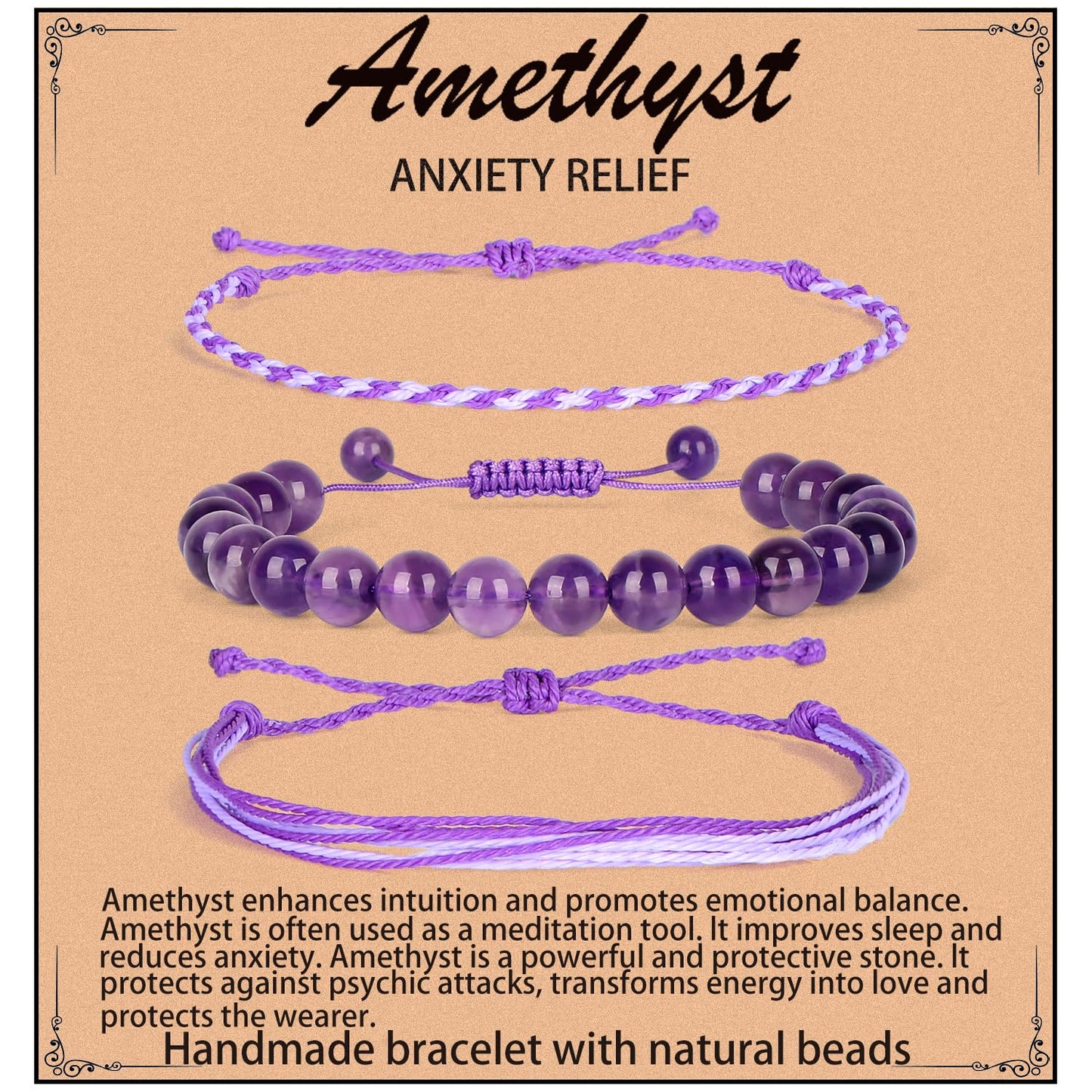 QOGIR Handmade Healing Stones Bracelets,8mm Natural Amethyst Beaded Bracelets,for Men Women Gifts with 2PCS Size Adjustable Rope Bracelets