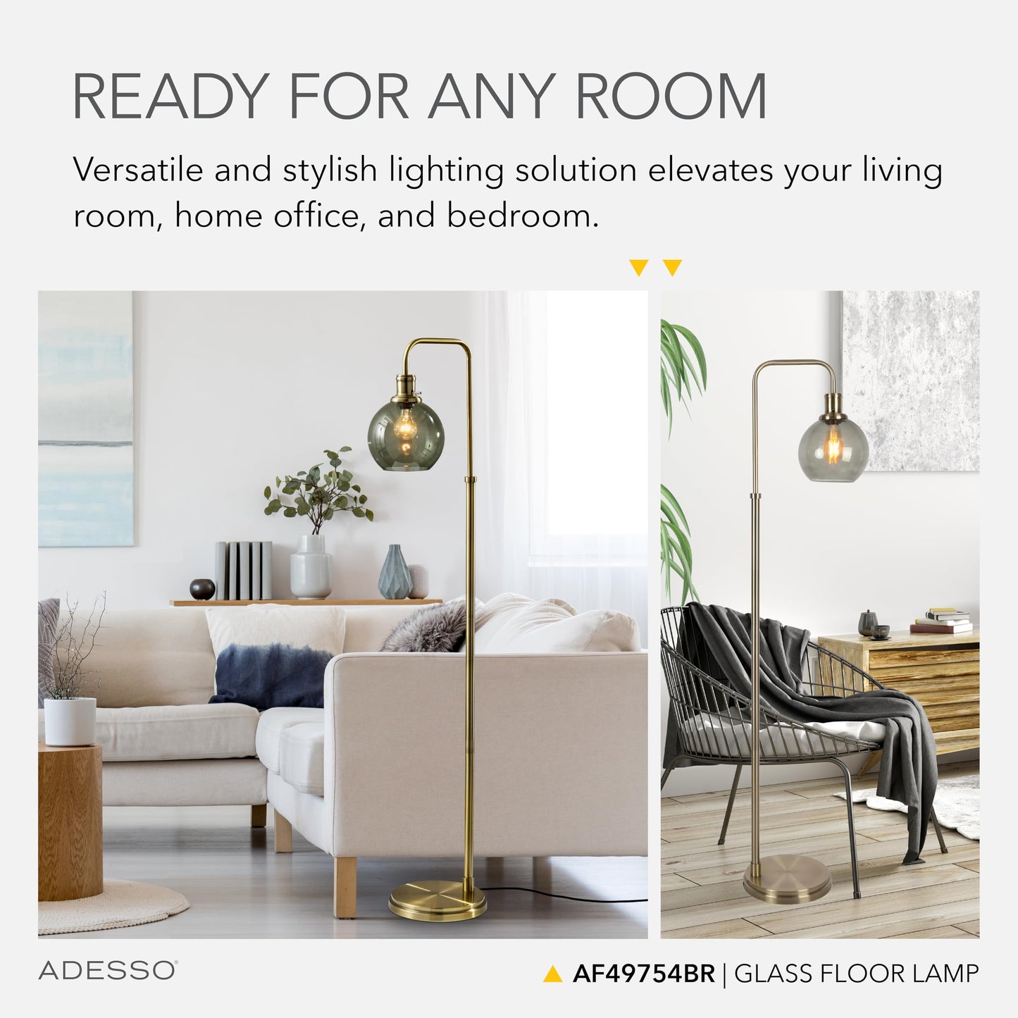Adesso Globe Smoked Glass Floor Lamp with Antique Brass Finish – 60” Tall, Compact 10.5” Wide Base