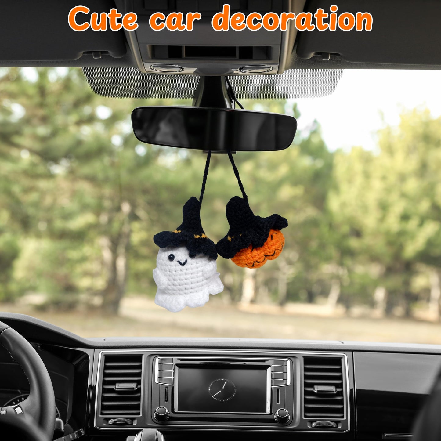 Crochet Pumpkin Ghost Car Hanging Decor, Handmade Ghost And Pumpkin Car Hanging Rear View Mirror Ornament Decoration, Cute Cars Accessories, Halloween Ornaments (Ghost&Pumpkin)