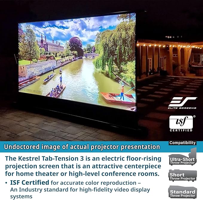 Elite Screens Kestrel Tab-Tension 3 CineWhite, 122 inch 16:9 Aspect Ratio, ISF Certified, Electric Floor-Rising Motorized Tab-Tensioned Front Projector Screen, Programmed Remote Kit, FTE122H3