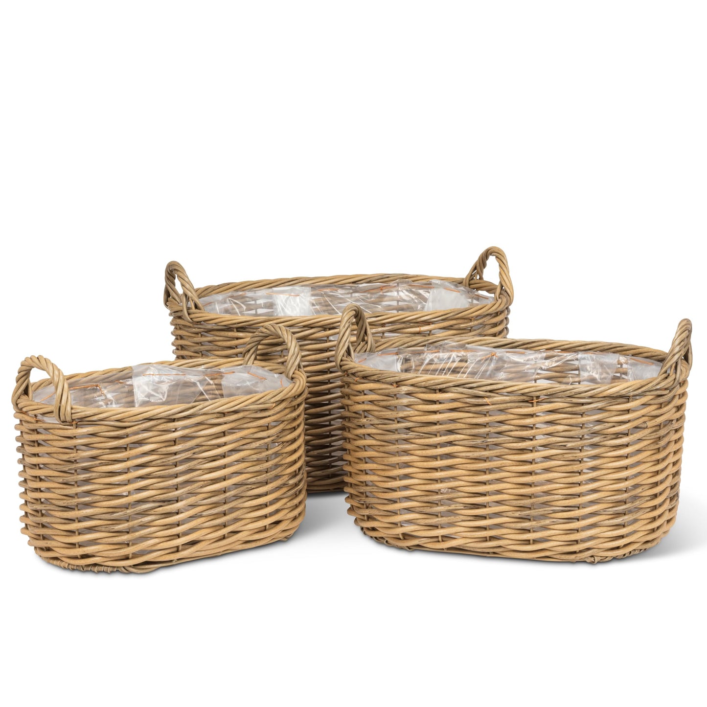 Abbott Collection Large Oval Woven Baskets/Planters with Handles. Set of 3 - Plastic/Metal, Natural (16" to 21"L)