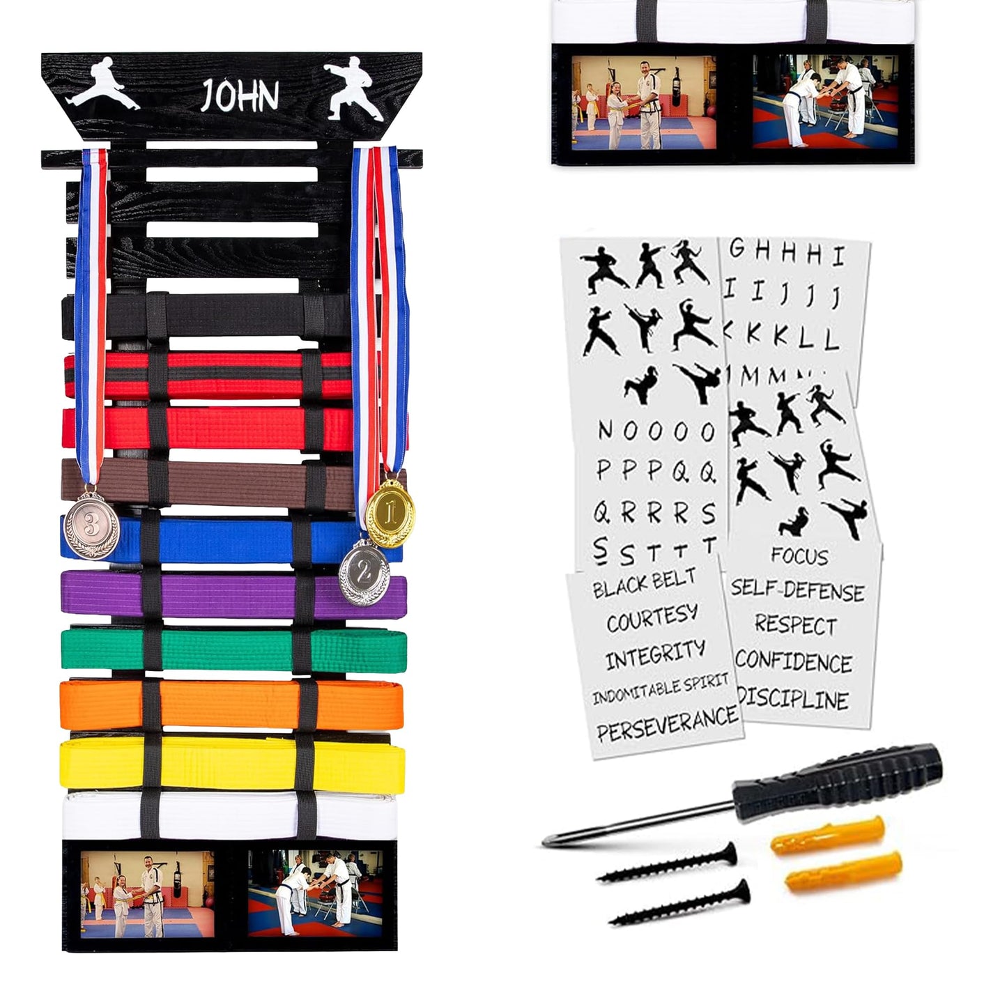 Optimus Depot Karate Belt Display Rack - Taekwondo Belt Display with Customization Stickers, 2 Picture Frames, Self-Adhesive Adjustable Strips & Hanging Kit Taekwondo Gifts - Black 12