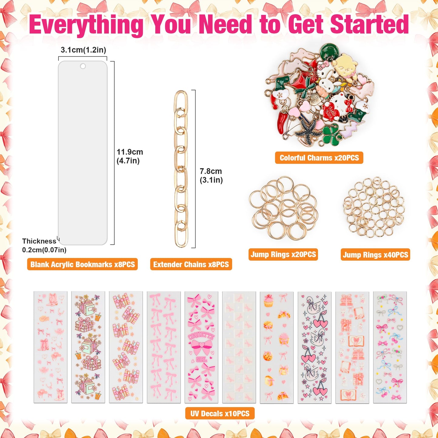 106 Pcs Bow Acrylic Bookmark Blanks(2mm) Thicken 8 DIY Bookmark Making 10 Bow UV DTF Sticker 20 Charms 8 Extender Chains and 60 Jump Ring Suitable for DIY Crafts Gifts