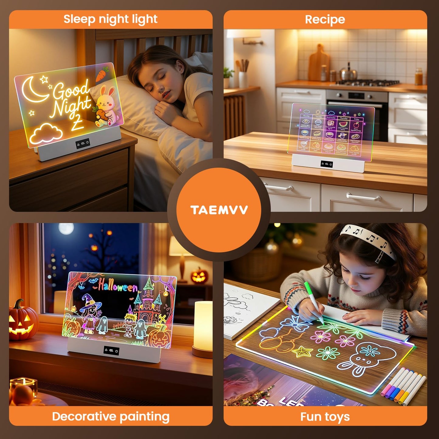 TAEMVV LED Drawing Board for Kids, 16-Inch Rechargeable Light Up Dry Erase Board with 8 Colors, 3 Dynamic Modes, 6-Level Dimmer, 15H Battery, Built-in Stand & Full Kit Clear Milky White