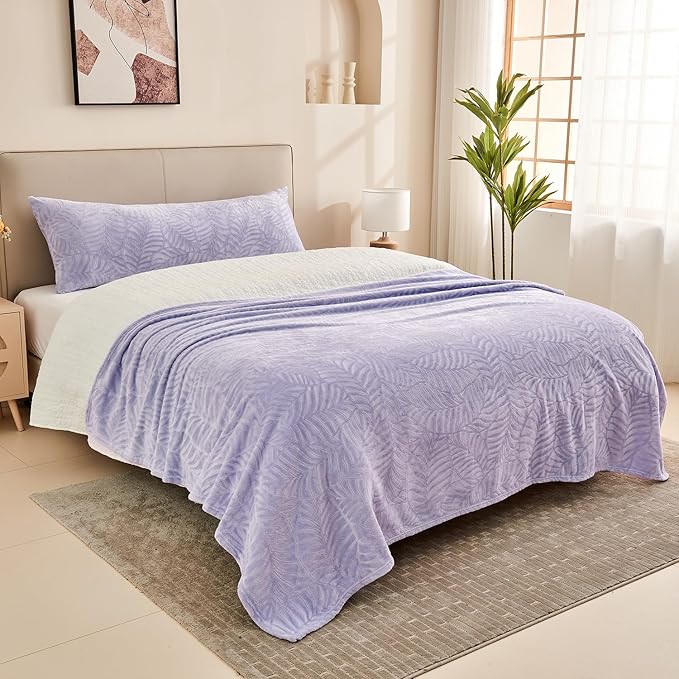 SOCHOW Super Soft Flannel Fleece Throw Blanket, Lightweight Cozy Warm Leaves Textured Plush Blanket for Bed Couch Sofa, 60 x 80 Inches, Lilac