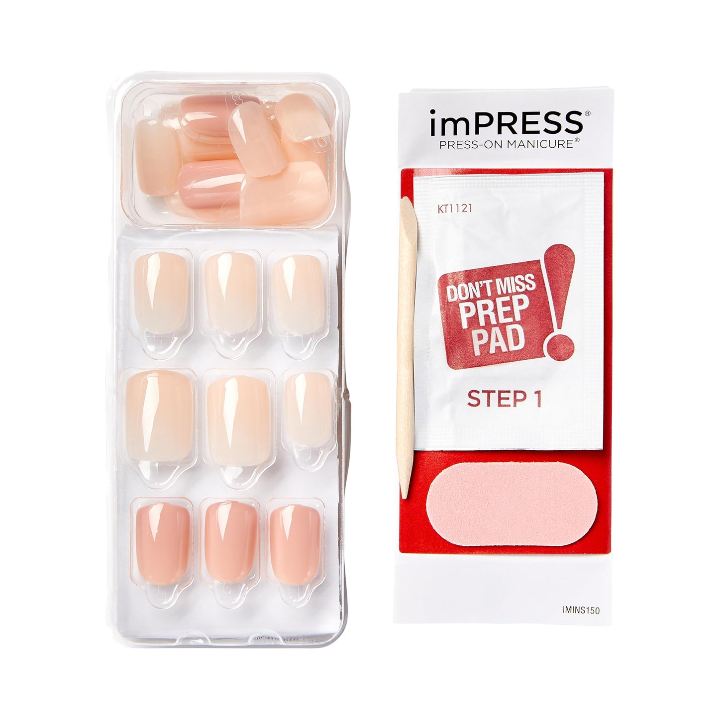 KISS imPRESS No Glue Mani Press On Nails, Bare But Better, Simple Pleasure', Nude, Short Size, Squoval Shape, Includes 30 Nails, Prep Pad, Instructions Sheet, 1 Manicure Stick, 1 Mini File (Pack of 2)