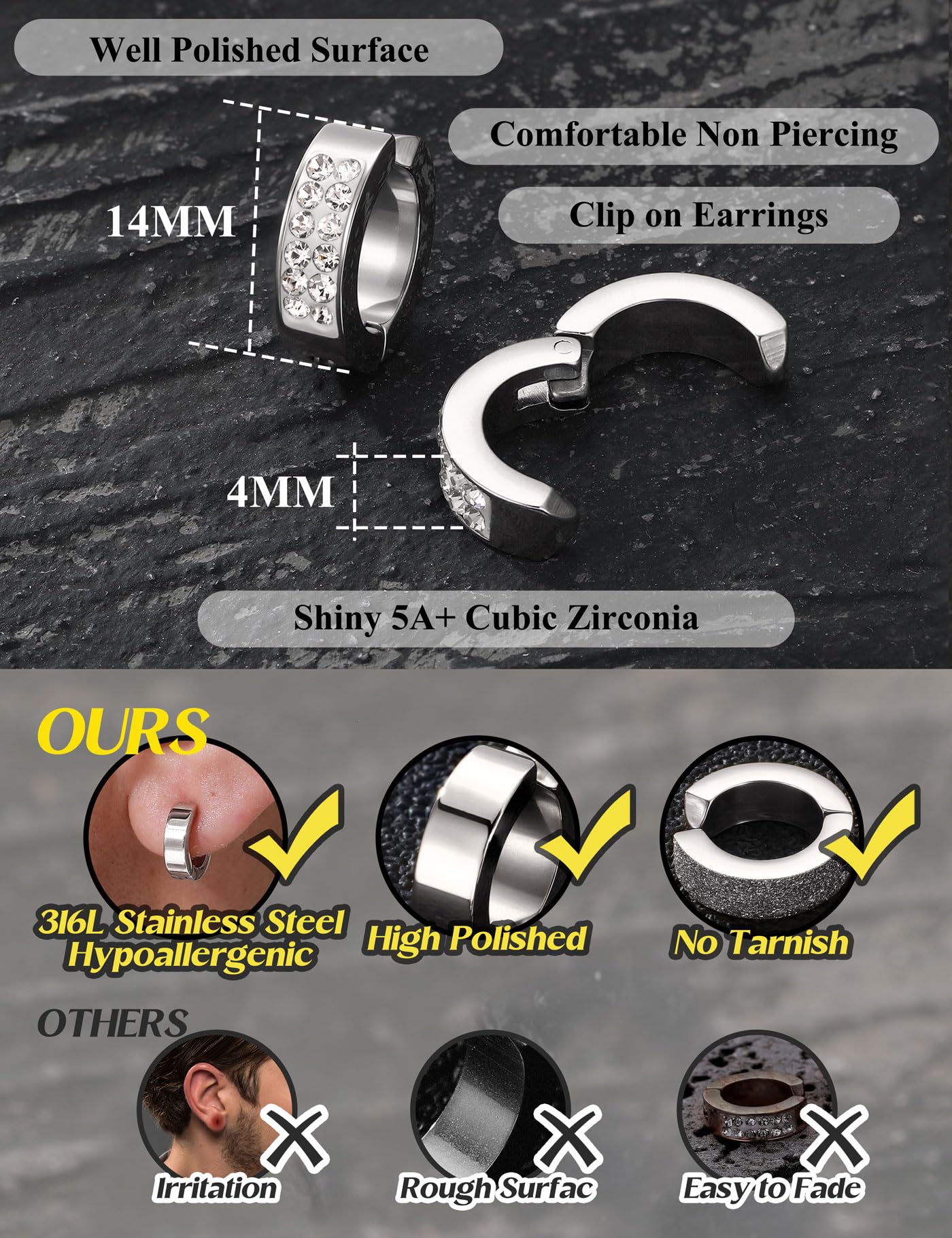 Jstyle 3 Pairs Stainless Steel Mens Womens Hoop Earrings Clip On CZ Non-Piercing S