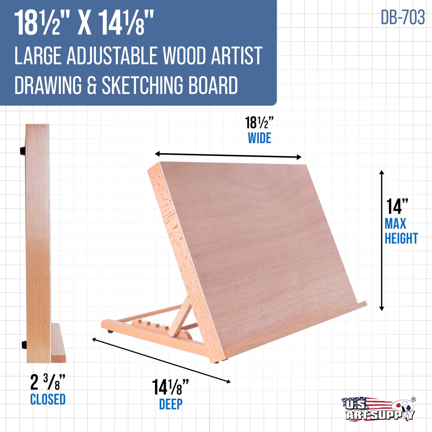 U.S. Art Supply Large 18-1/2" x 14-1/8" (A3) Wooden Drawing Board, Adjustable Table Top Easel for Painting and Drawing - Drafting Board with 6 Angles, Pencil Ledge