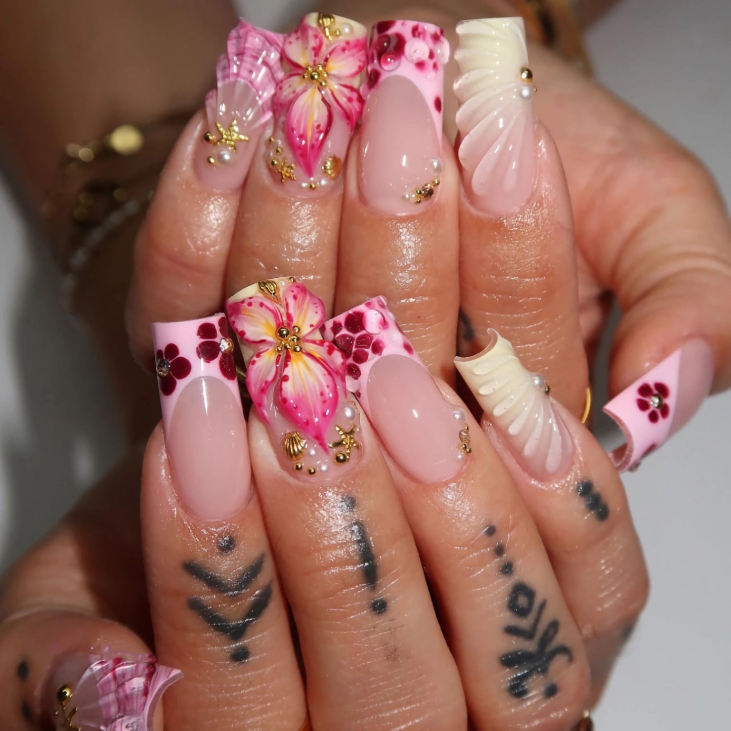 BABALAL Long Square Press on Nails - Pink French Tip Yellow Chrome 3D Texture Flower with Gold Charm Summer Handmade Full Cover Acrylic Squoval Nails 24 Pieces