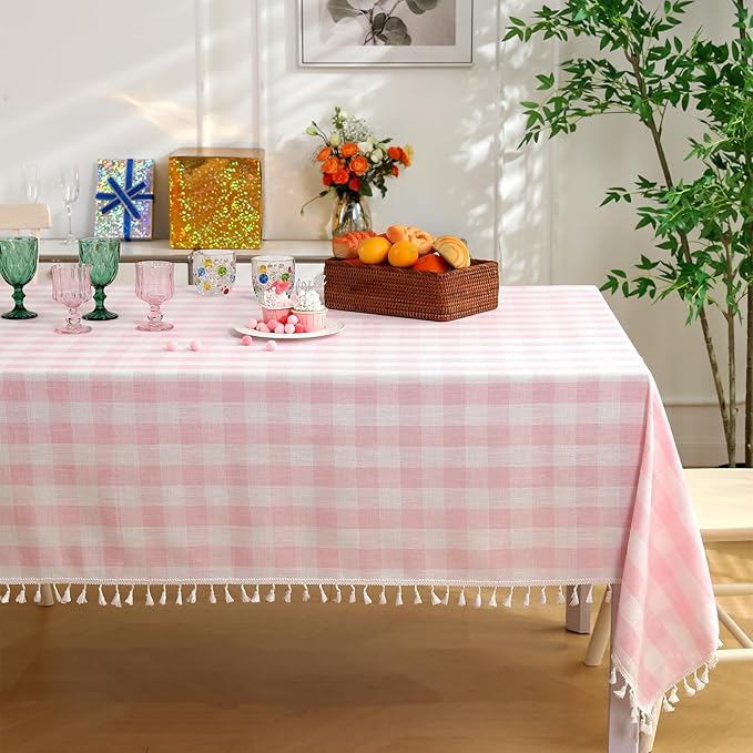 Rectangle Table Cloth for Spring, Summer, Valentine's Day, Easter, Christmas Tablecloth-Farmhouse Checkered Cotton Tablecloths (55" x 84",Pink)