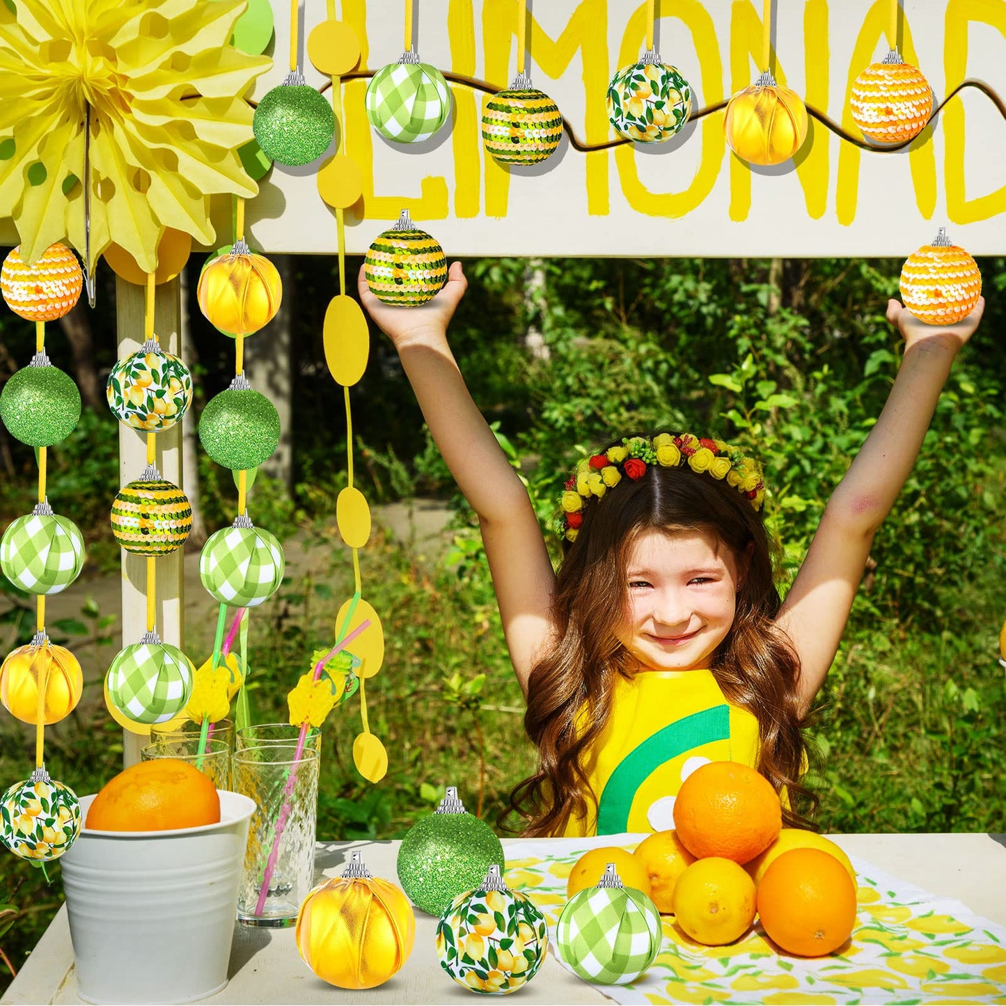 Yuxung 12 Pcs Summer Lemon Tree Ornament Yellow Green Summer Decortion Lemon Ball Hanging Ornament for Small Tree