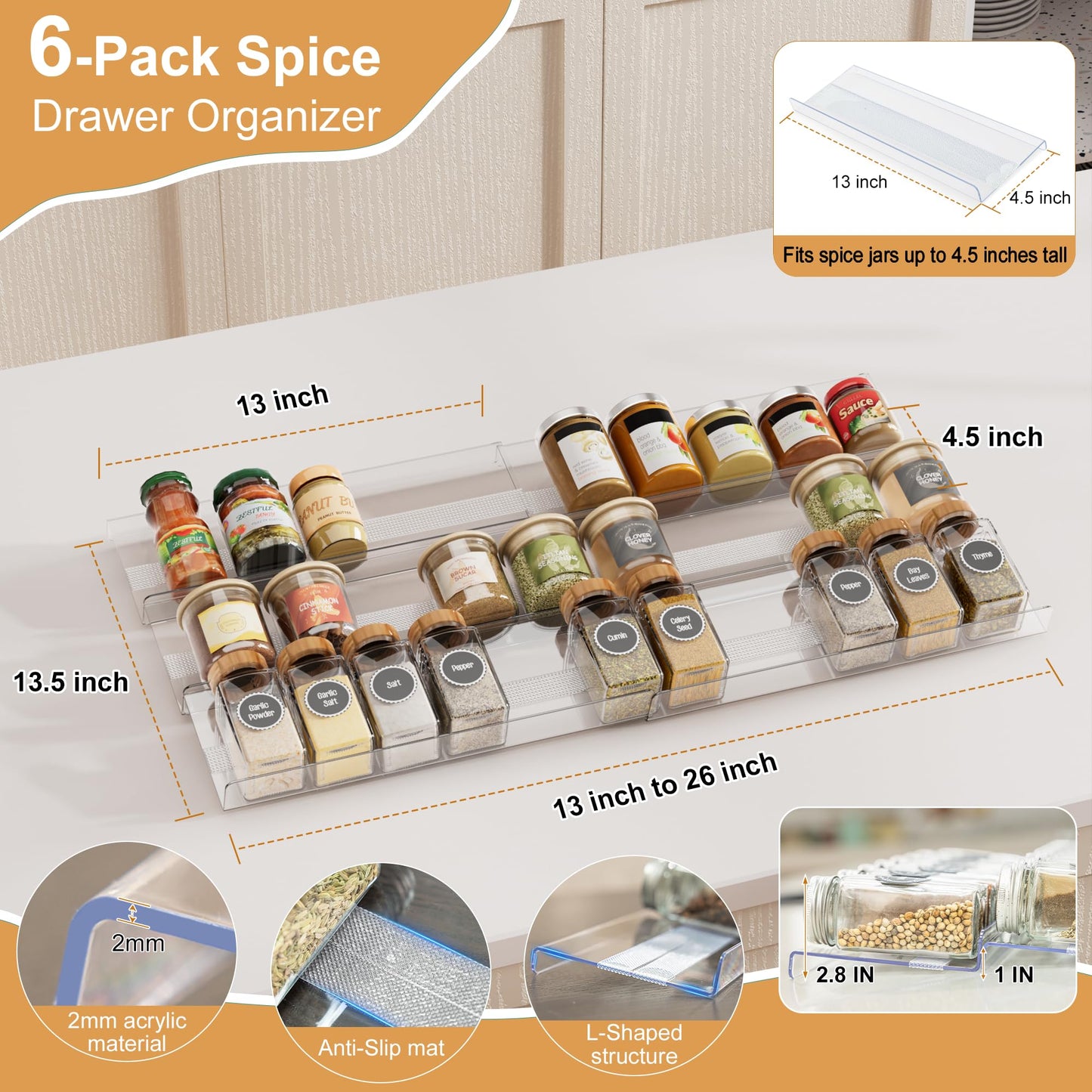 Brippo Expandable Spice Drawer Organizer Insert, 6-Pack Kitchen Adjustable Seasoning Rack Tray (13" to 26"), Clear Acrylic with Anti-Slip Mat, for Cabinet Countertop (Jars Not Included)