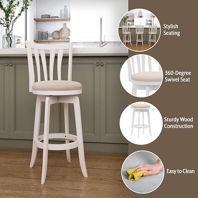 Hillsdale 29.5" Savana Wood Swival Bar Height Stool, White