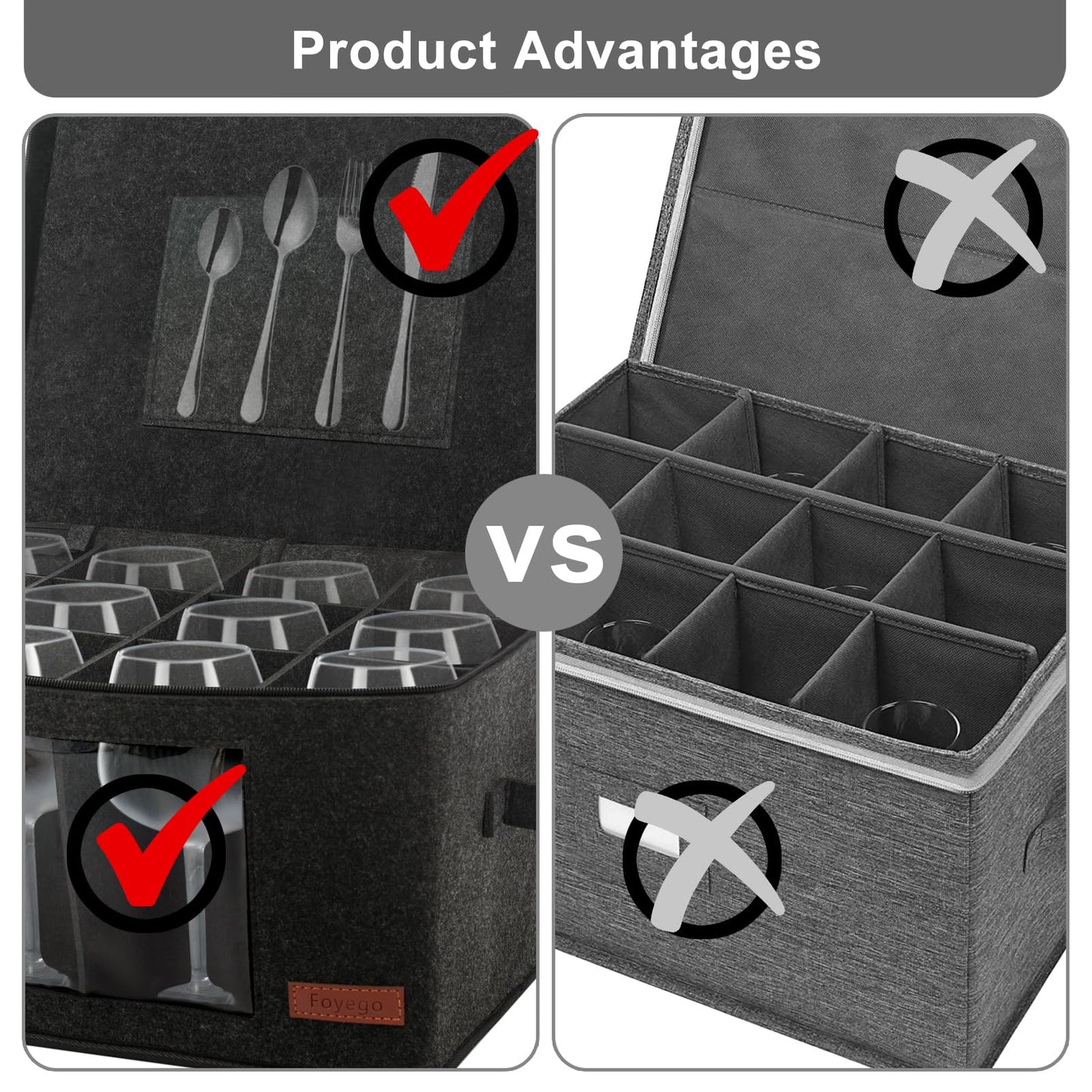 Foyego 2 Pack Wine Glass Storage Box with Dividers, Stemware Storage Containers for Packing and Moving, China Storage Containers Box for 12 Crystal Glassware, Wine Glasses, Drinkware,Dark Gray