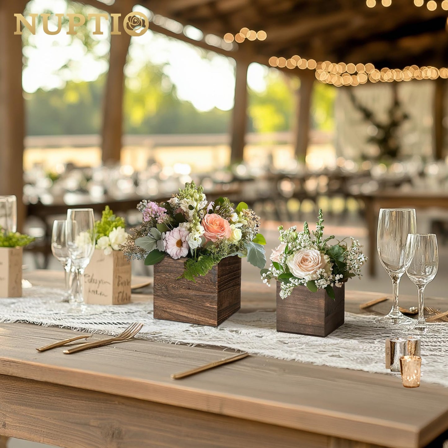 NUPTIO Wooden Box for Centerpiece Wedding: 12 Pcs Rustic Square Planter Box for Christmas Table Fall Decorations - 4×4" & 5×5" Small Wood Vases Flower Pots for Windowsill Home Garden Decor