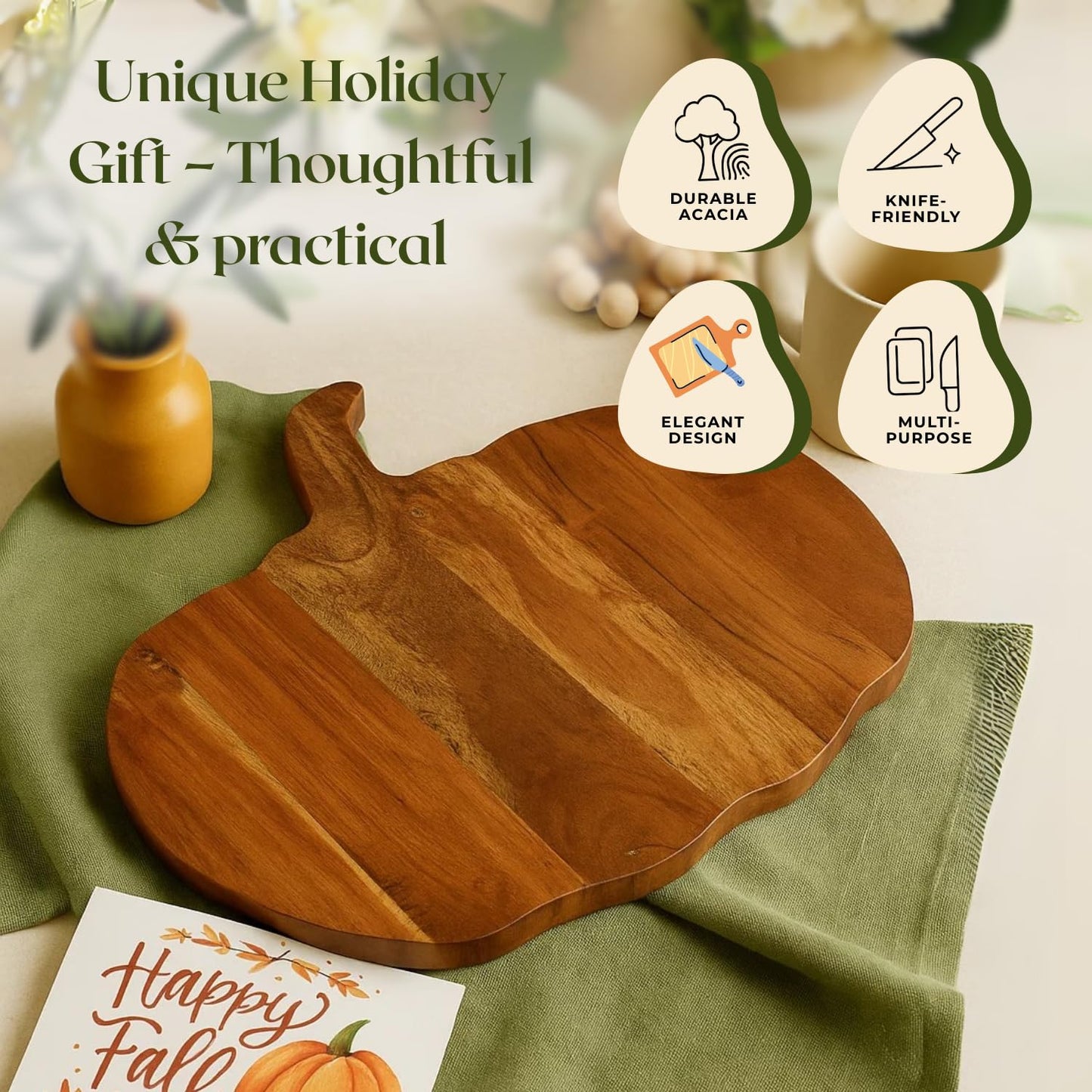 Aurah Halloween Pumpkin Shaped Wood Cutting Board for kitchen Decoration Serving Platter, Gothic Cutting Boards with Handle (12 x 13 Inch)