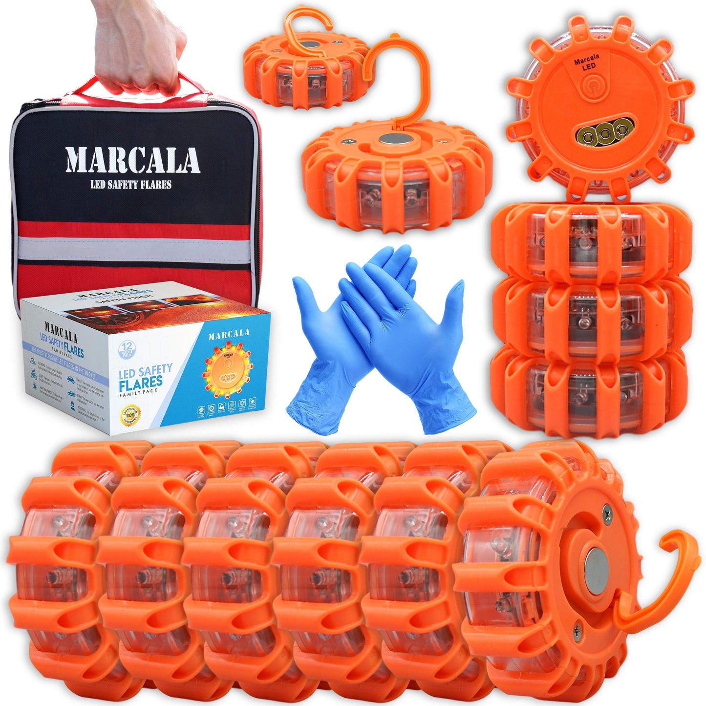 Marcala 12-Pack Emergency Flares for Vehicles | Emergency Roadside Lights | Complete LED Road Flares Kit | Emergency Lights For Vehicles | Perfect For Gifting or Everyday Roadside Safety