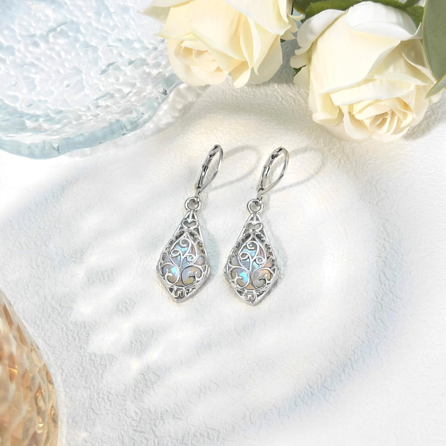 HELORET Moonstone Earrings for Women Filigree Irish Celtic Teardrop Leverback Dangle Earrings for Women