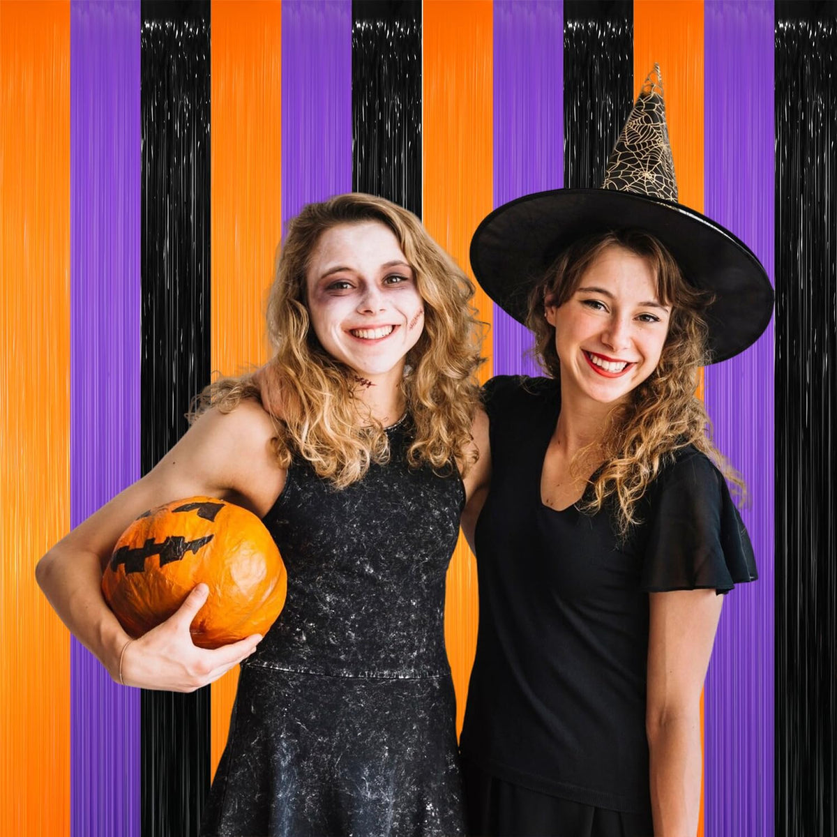GOER 3.2 ft x 8.2 ft Metallic Tinsel Foil Fringe Party Backdrop for Halloween Birthday Graduation New Year's Party Decorations(3 Packs,Black&Orange&Purple)