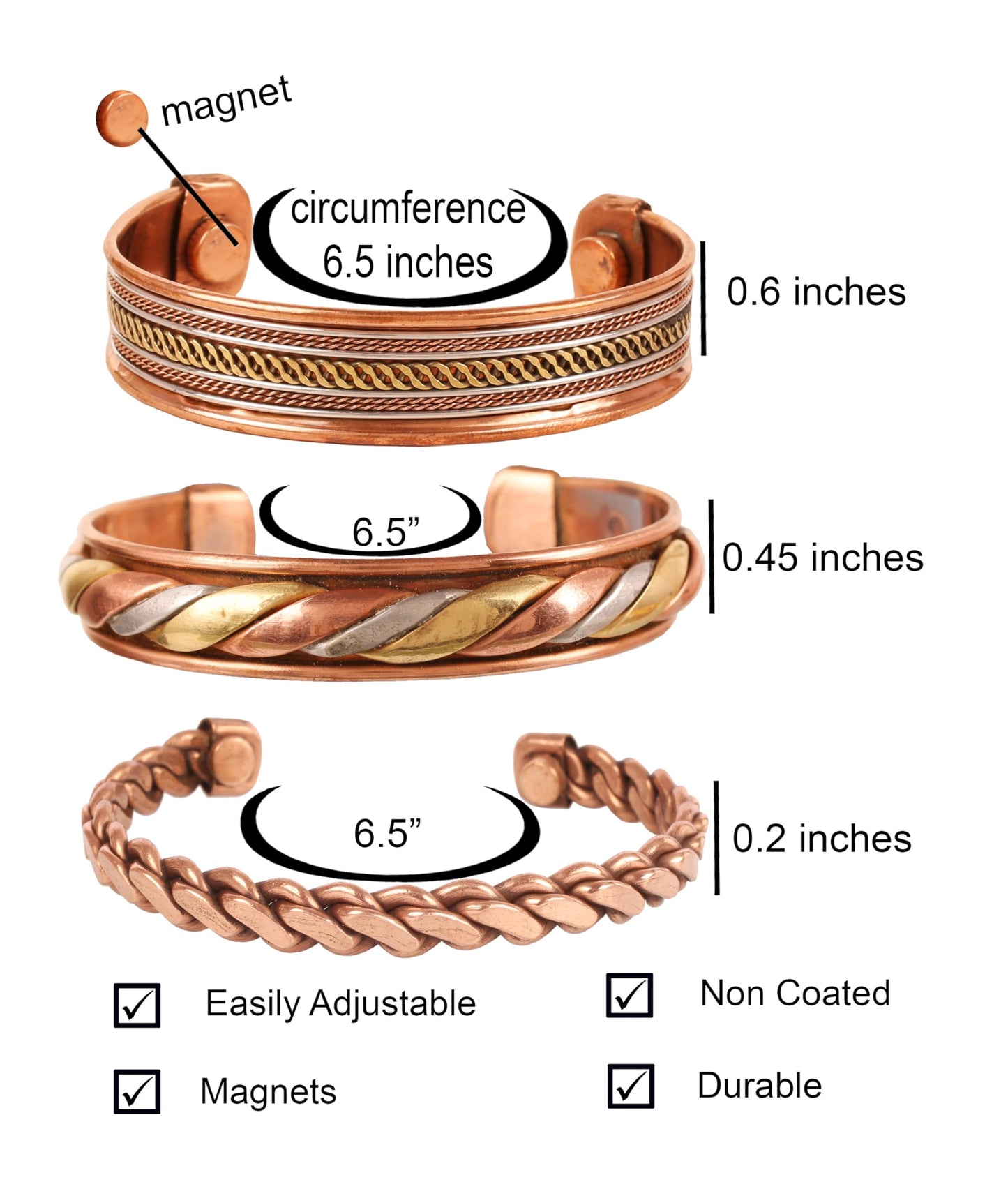 Touchstone copper bracelets | gift for men women |adjustable 100% pure solid real magnetic jewelry | handmade bracelet set combo | rope braided tibetan bangles. Set of 3 different designs