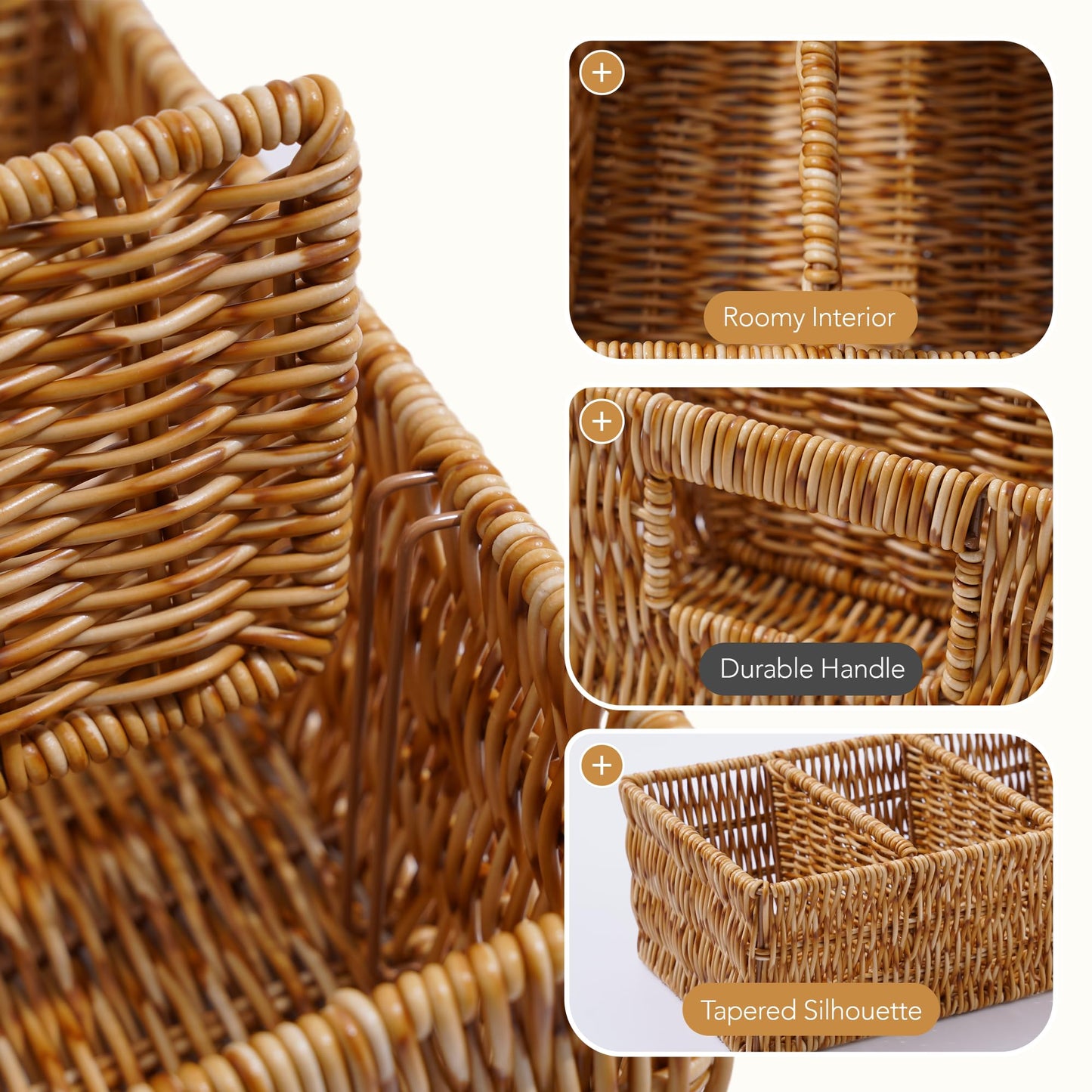 Nature-Inspired Rattan Pantry Organizer Baskets Set of 2 with 3 Removable Dividers – Handwoven Storage Bins for Kitchen or Bathroom Organization, Ideal for Snacks, Coffee & Tea (13” x 7.3” x 3.7”)