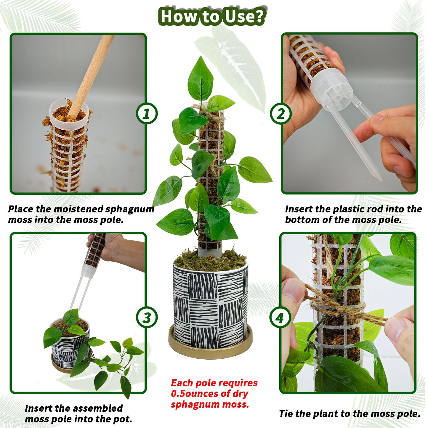 Small Moss Pole for Monstera - Stackable & Refillable Plastic Moss Poles for Climbing Plants with Large Mesh Design (4Pack-White-Small)