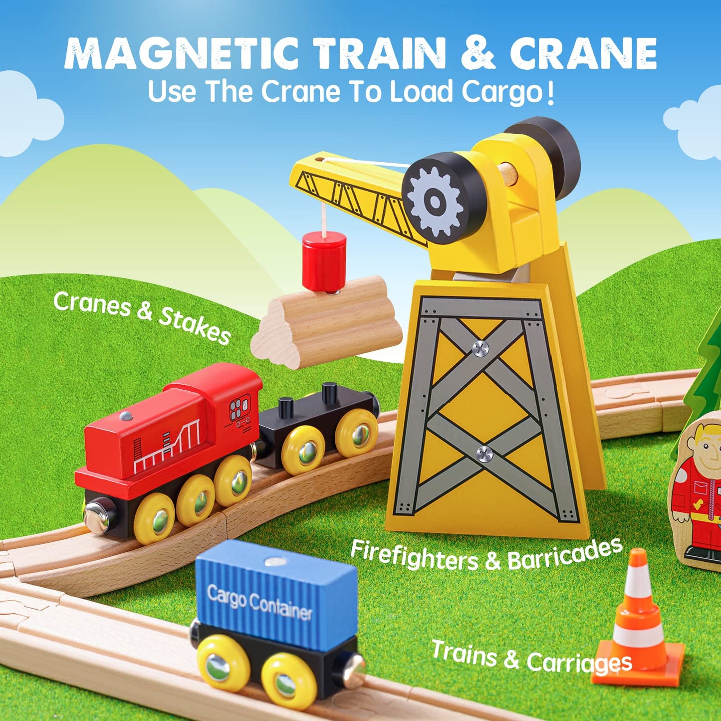 Tiny Land 55PCS Wooden Train Set - Compatible with Major Brand Tracks, Educational Toy for Toddlers & Kids Ages 3-7, Durable Wooden Railway Tracks