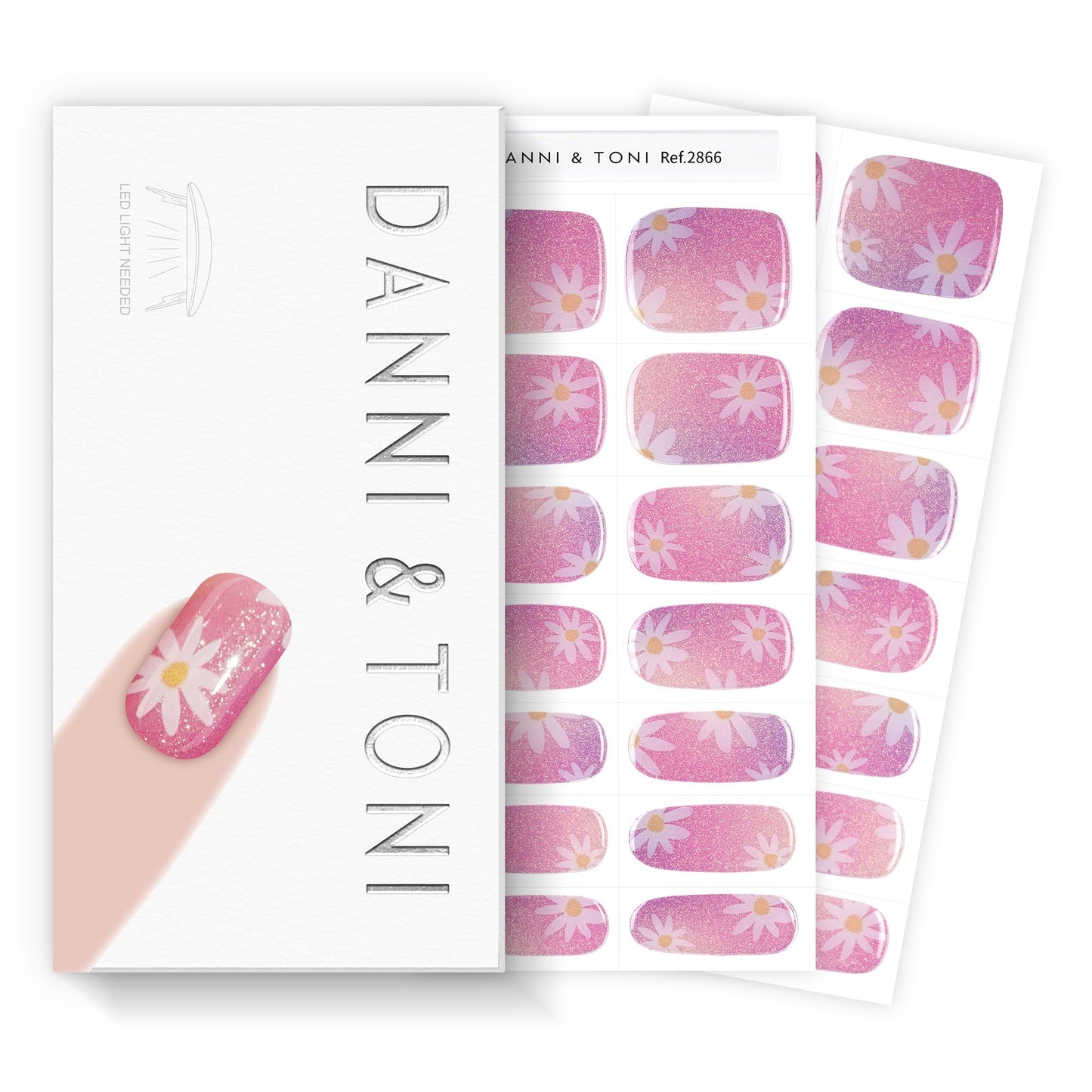 DANNI & TONI Semi Cured Gel Nail Strips Daisy Pink Holographic Gradient Gel Nail Wraps 28 Stickers | Aurora Bloom