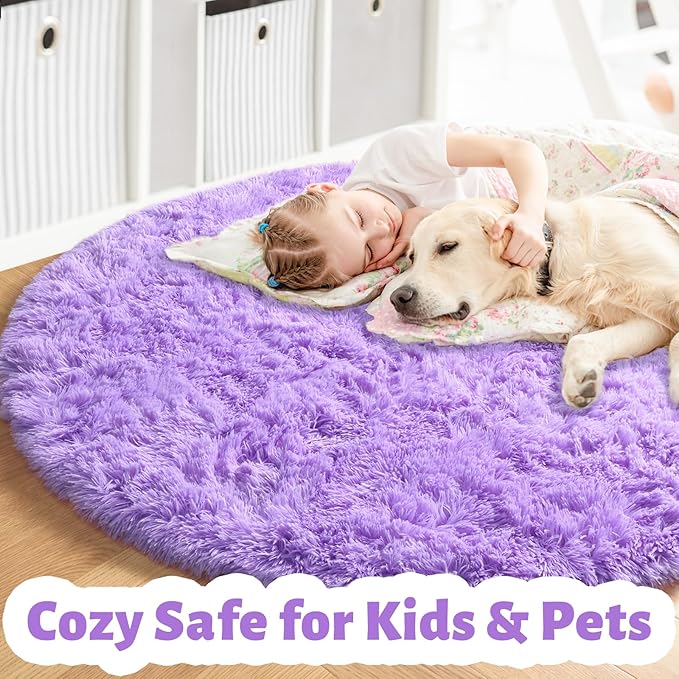 Amdrebio Purple Round Rugs 4Ft for Girls Bedroom Decor Aesthetic, Fluffy Fuzzy Circle Area Rugs for Kids Room, Soft Cute Furry Plush Shaggy Throw Lavender Carpet for Living Room, Baby Nursery, Dorm