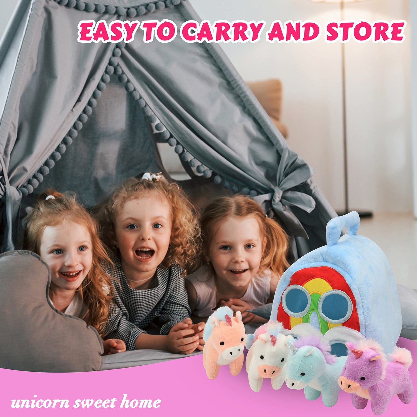 Hopearl Magic Unicorn House Interactive Plush Toy Set Fun Playhouse for Toddlers Early Learning Educational Gift for Kids Cute Pony Hide & Seek Game, 11''