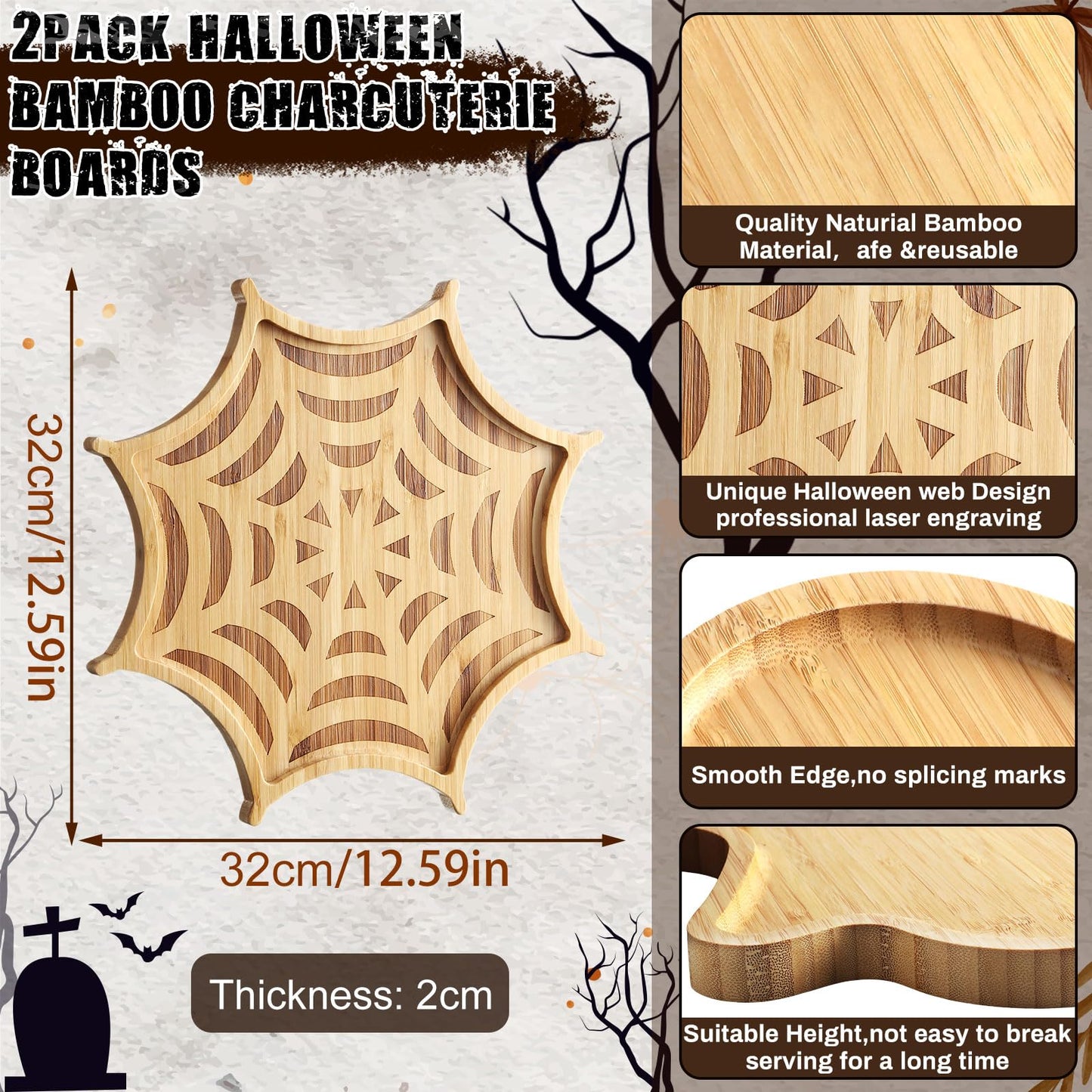 Sintuff 2 Pcs Halloween Charcuterie Board Funny Bamboo Wood Cheese Platter Tray Dinnerware Cookware Serving Tray Plates for Candy Cookie Home Party (Web, 12 x 12 x 0.8 Inch)