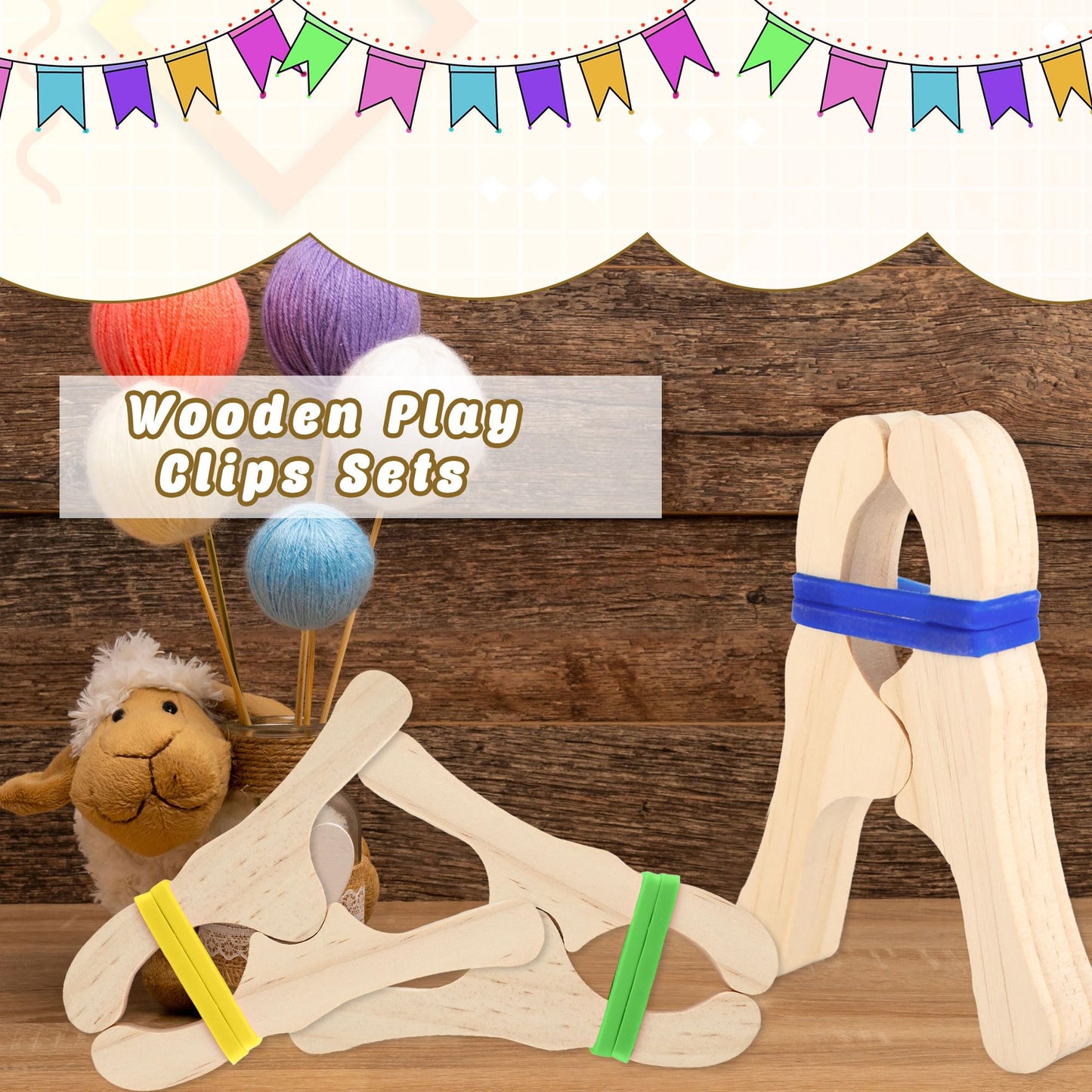 Norcoin 16 Pack Wooden Blanket Fort Clips with Silicone Bands Wood Play Clips for Kids Fort Building Kit for Creative Play Crafts and Classroom Activities
