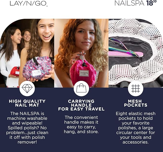 Lay-n-Go NailSpa 18″ Portable Nail Station Supplies & Cosmetic Lay Flat Organizer Bag— Travel Manicure Kit w/Mesh Pockets & Machine Washable (Pink)