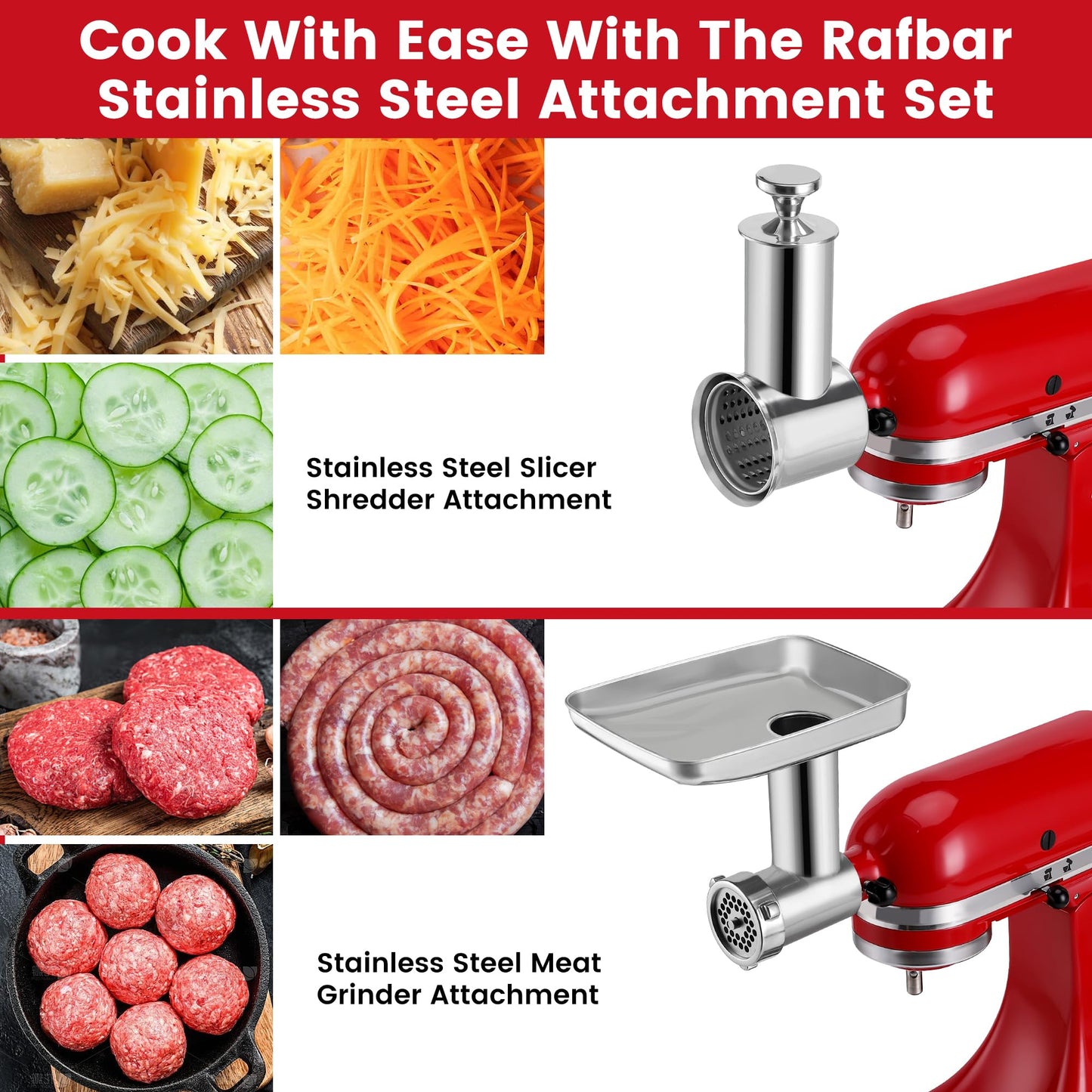 Meat Grinder & Slicer Shredder Attachments for KitchenAid Stand Mixer, All Parts Dishwash Safe, Stainless Steel Cheese Grater Attachments for KitchenAid Mixer Accessories