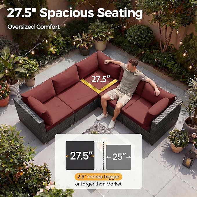 NICESOUL 8 Piece Modern Patio Couch Set, 29.3'' High Back Oversized Wicker Outdoor Sectional Furniture with Ottoman, Wide Seating Comfy Conversations for Backyard Deck, 2 Color Cushion Wine & Gray