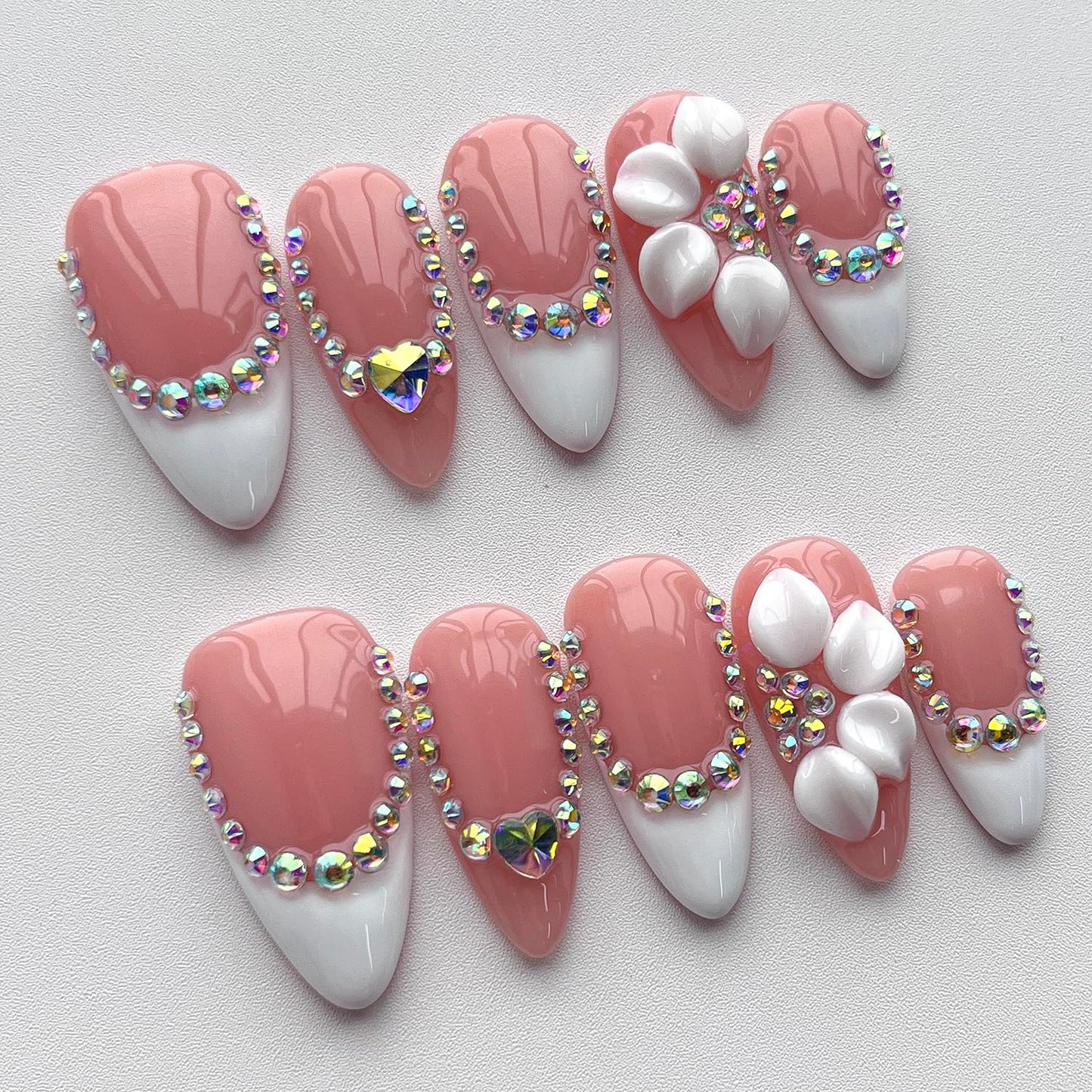 French Tip Press on Nails Handmade Medium Almond 3D Floral Thick Acrylic Nails White False Nails with Flower Rhinestones Designs Elegant Glossy Fake Nail Sturdy Wedding Art Press on Nail 10Pcs(M)