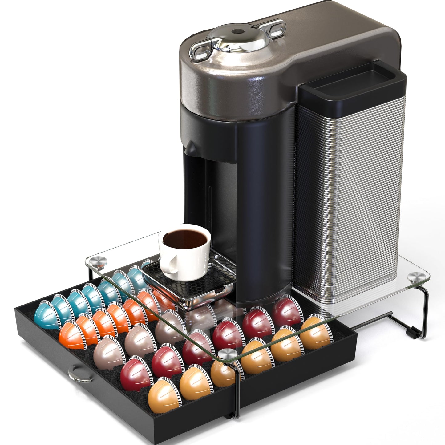 Deco Brothers Crystal Tempered Glass Vertuo Pod Holder Drawer, 30 Large or 60 Small Nespresso Capsule Organizer, Black