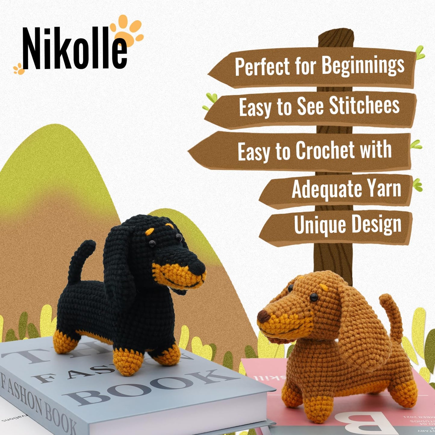 Nikolle Crochet Kit for Beginners with Step-by-Step Video Tutorials Crochet Animal Kit Crochet Starter Kits for Adults Kids - Dachshund(Black)