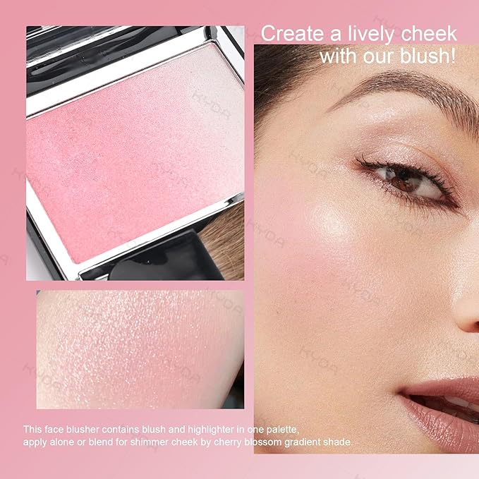KYDA Pink Shimmer Blush, Gradient Cherry Blossom Pink Color, Micro-fine Pearl Powder Blush, Soft Buildable Cheek Color, Lightweight Smooth, Multiuse Blusher Makeup Compact