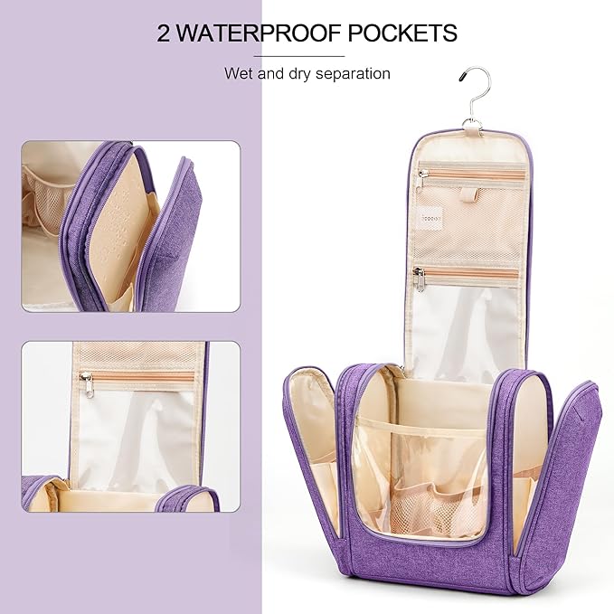 Hanging Travel Toiletry Bag for Women and Men, 6 Organizer Compartments, Large Toiletries essentials, Bathroom Cosmetic Accessories, Water-resistant Makeup Bag, Holds Full-Size Shampoo, Purple