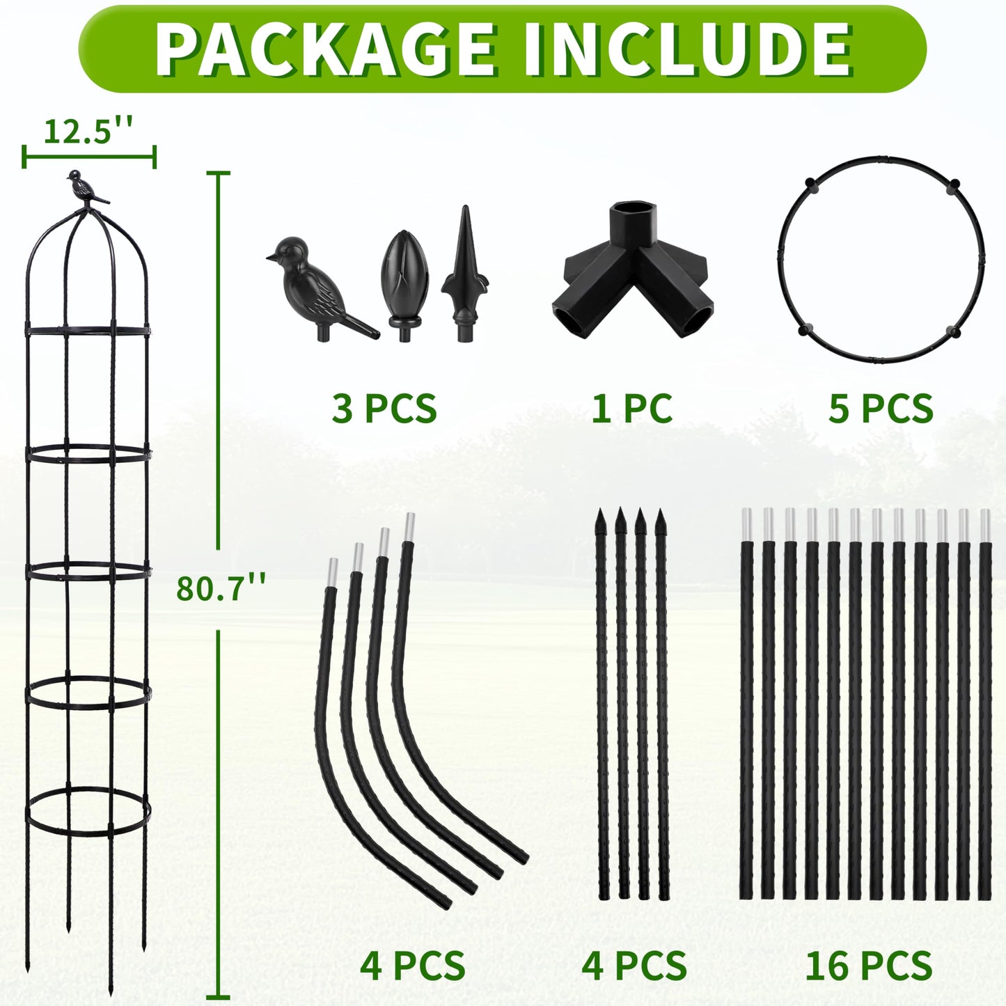 6.7FT Garden Obelisk Trellis for Climbing Plants,Adjustable 5-Tier Metal Plant Support,Rustproof Outdoor Plant Tower with 3 Decorative Tops for Roses,Tomatoes,Clematis & Vines,Black
