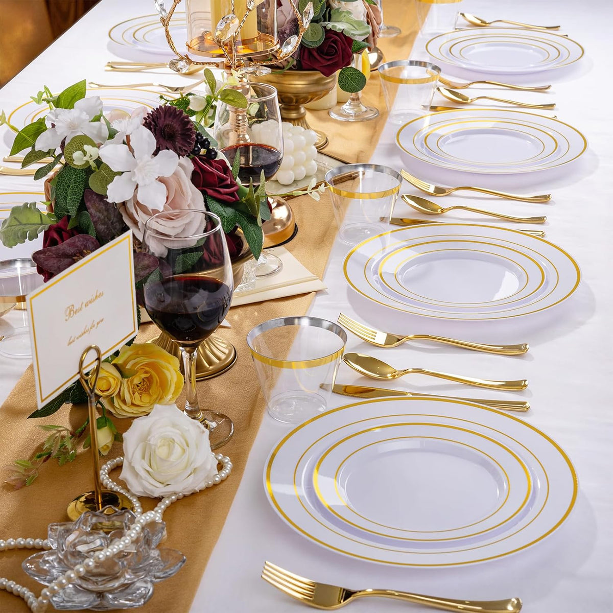 WELLIFE 600 PCS Gold Disposable Dinnerware Set for 100 Guests, Gold and White Plastic Plates for Party, 100 Each-Dinner & Salad Plates, Cups, Forks Knives Spoons for Wedding and Party