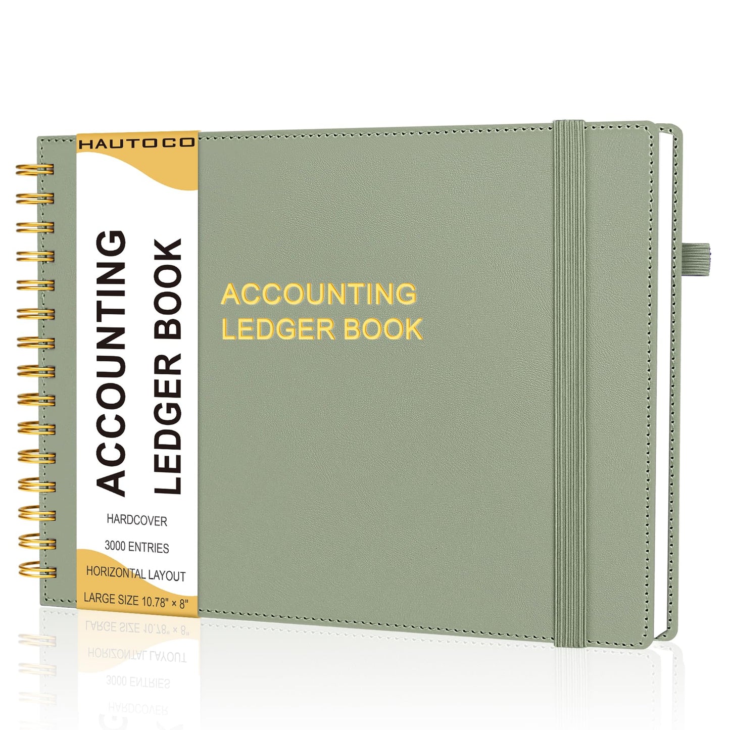 HAUTOCO Hardcover Accounting Ledger Book for Small Business Bookkeeping Horizontal Money Expense Tracker Notebook with 2 Storage Pouch, Personal Columnar Log Journal 10.78 x 8'', Olive Green