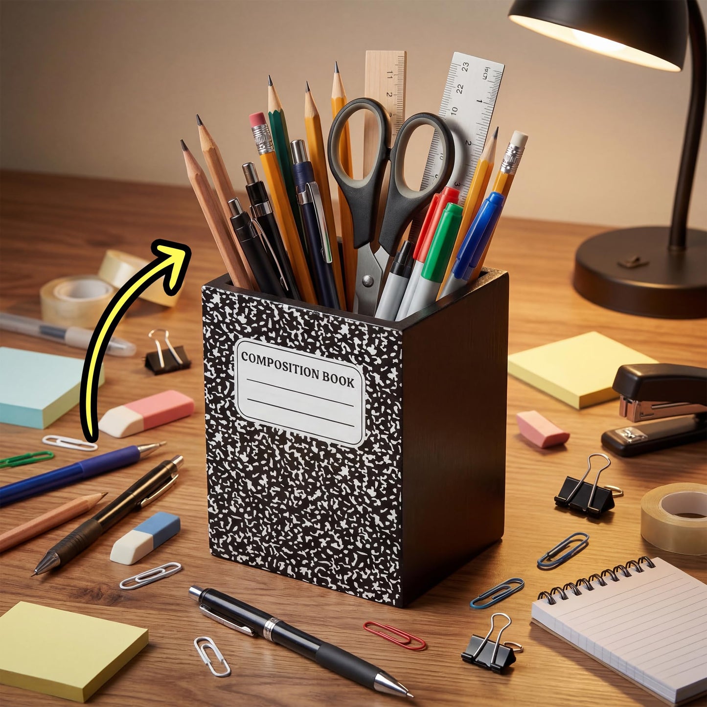 MALLMALL6 Composition Pencil Holder - Teacher Appreciation Gift Wooden Pen Holder, Back to School Square Shape Caddy Case for Teacher Student, Desktop Storage Organizer for Classroom Office Decor