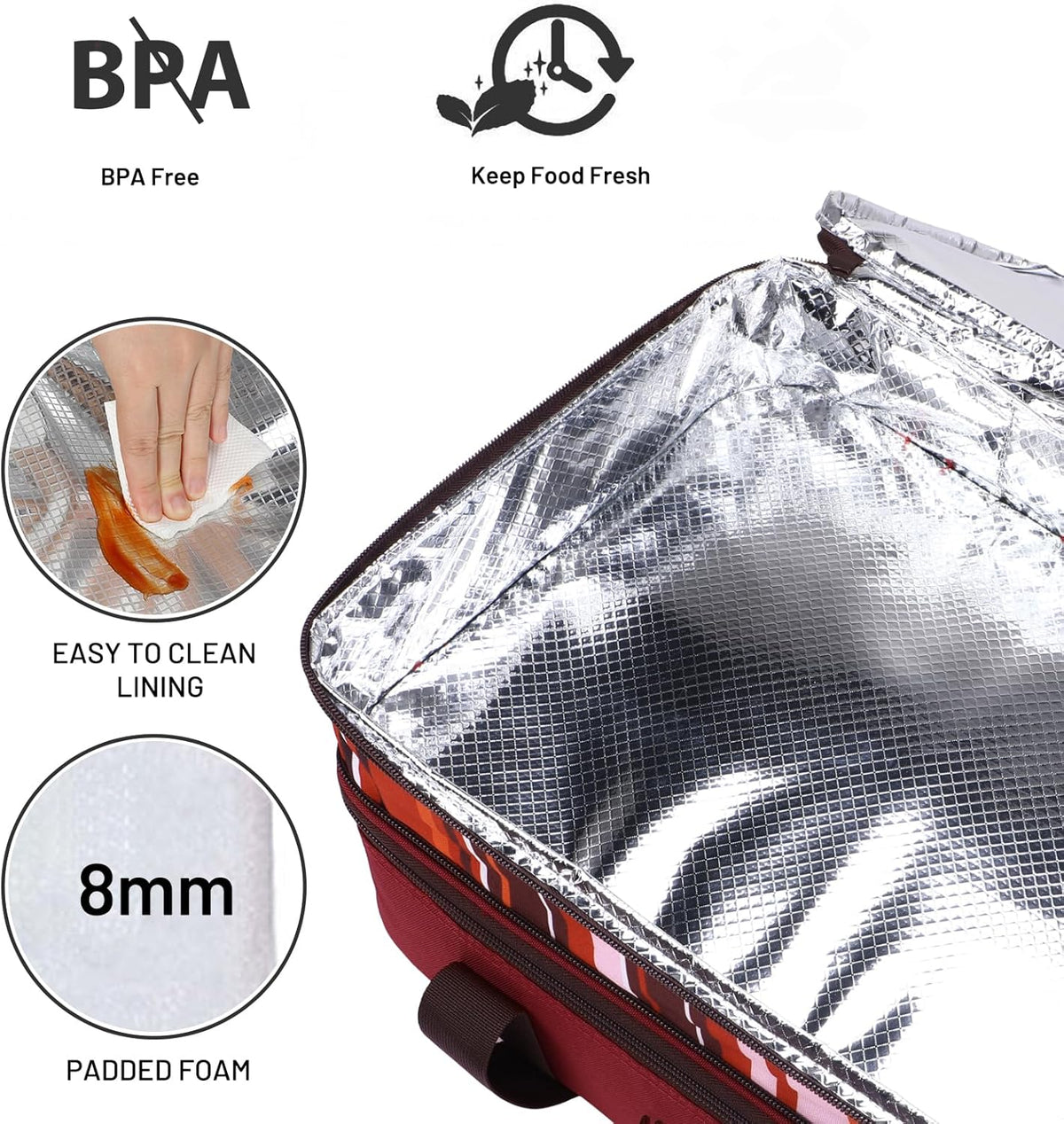 MIER Insulated Double Casserole Carrier Thermal Lunch Tote for Potluck Parties, Picnic, Beach, Fits 9 x 13 Inches Casserole Dish, Expandable by Mid Zipper, Burgundy