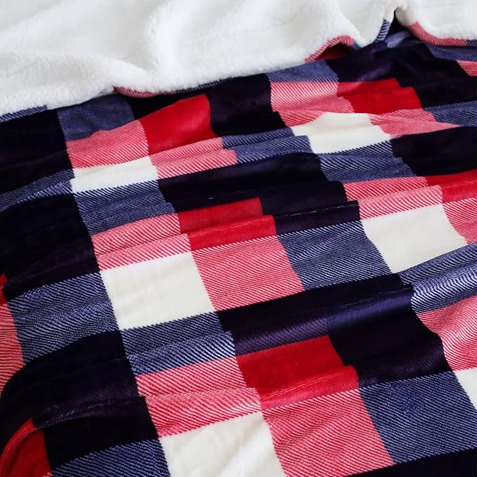 SOCHOW Buffalo Plaid Sherpa Fleece Throw Blanket, Double-Sided Checkered Super Soft Luxurious Bedding Blanket 60 x 80 inches, Red/Blue